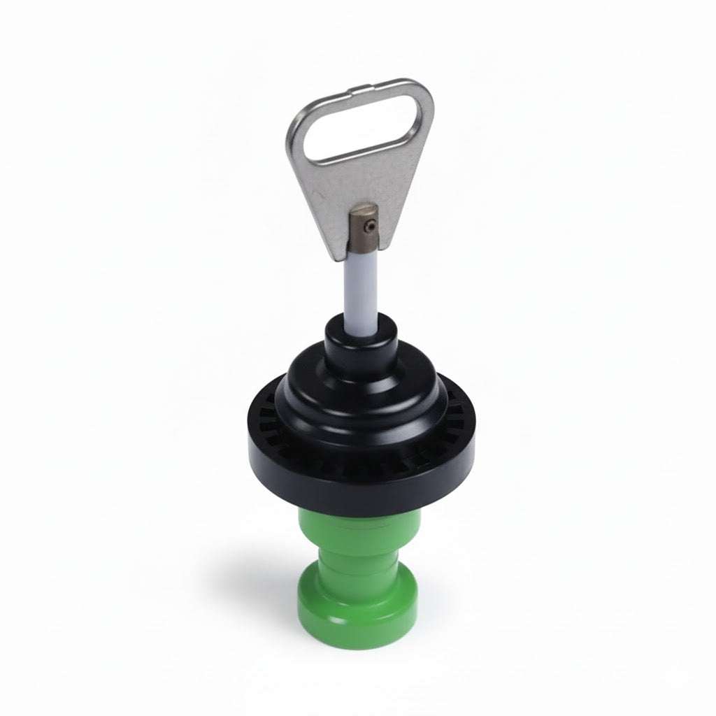 Fleck 18928 piston assembly with a black ridged disc, green plastic base, and silver metal pull handle.