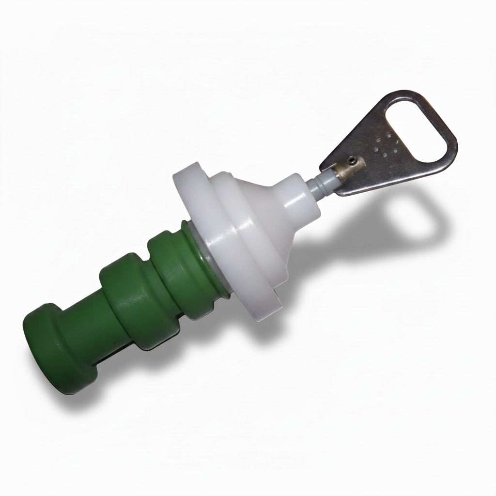 Fleck 24116 piston assembly with a green stepped plastic shaft, white collar, and metal pull handle.