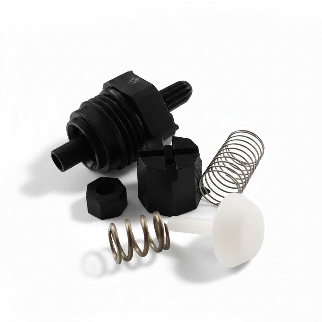Fleck 24509 proportional mixing assembly, black plastic valve parts with metal springs and a white round insert.