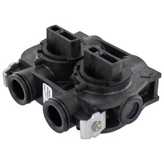 Plastic bypass valve, Fleck BU26054 - Bypass Valve Plastic 3, in black with twin raised rectangular ports and round pipe fittings.