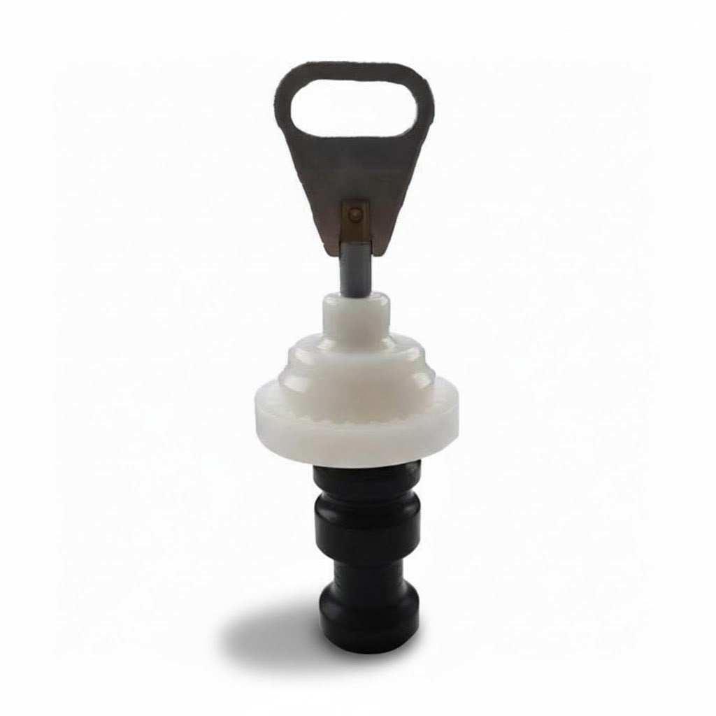Fleck 27077 piston assembly with a black ribbed base, white stepped plastic collar, and metal stem with loop handle.