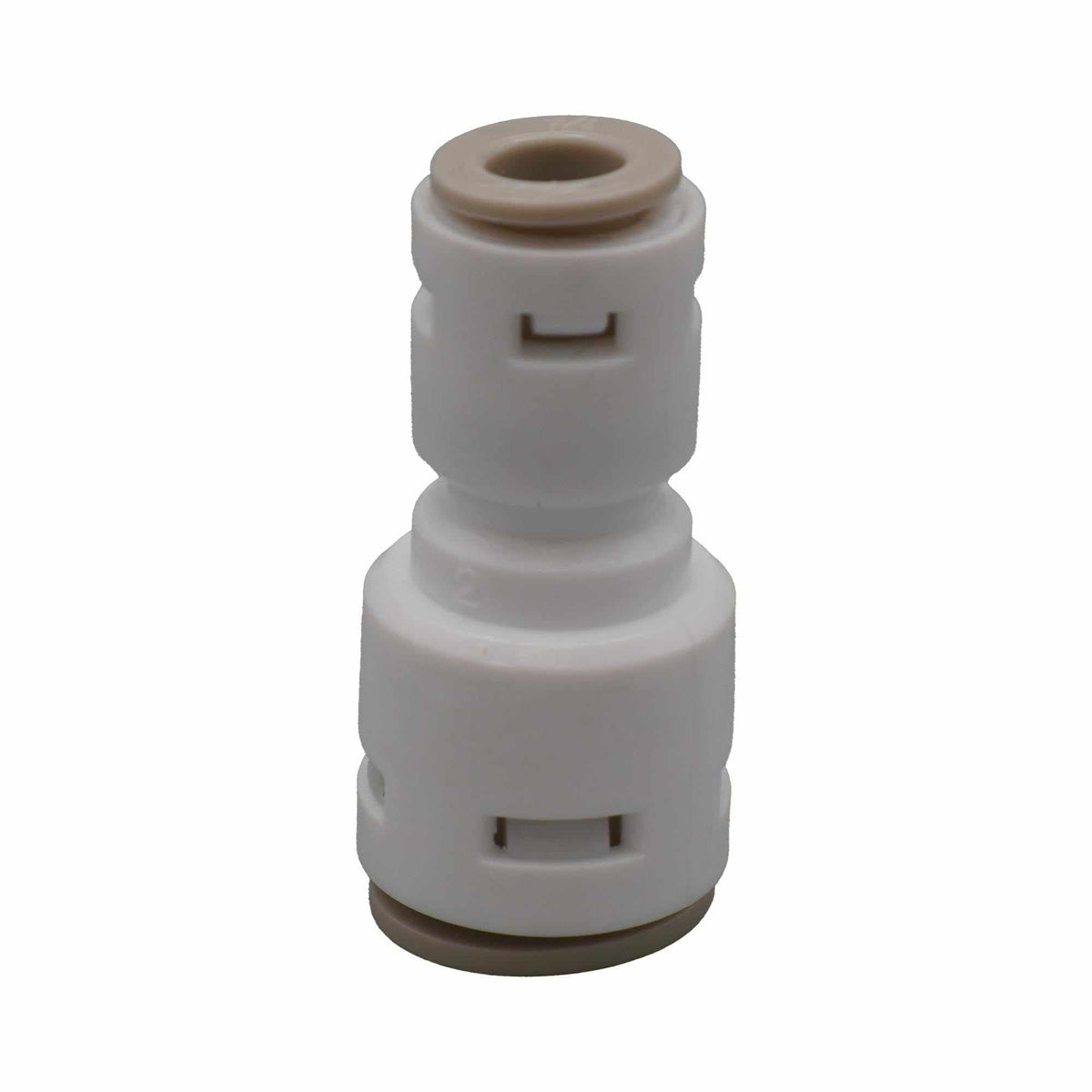 Reducing union with a white plastic stepped body, tan push-fit collars, and rectangular locking clips at each end.