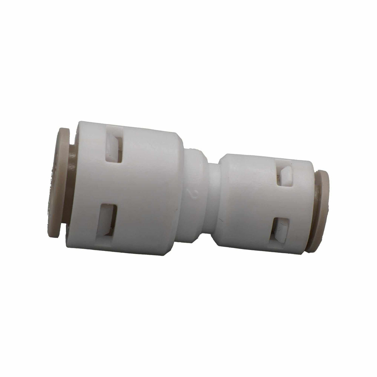 Reducing union with a white plastic body, stepped push-fit ends, and gray retaining collars for joining different tube sizes.
