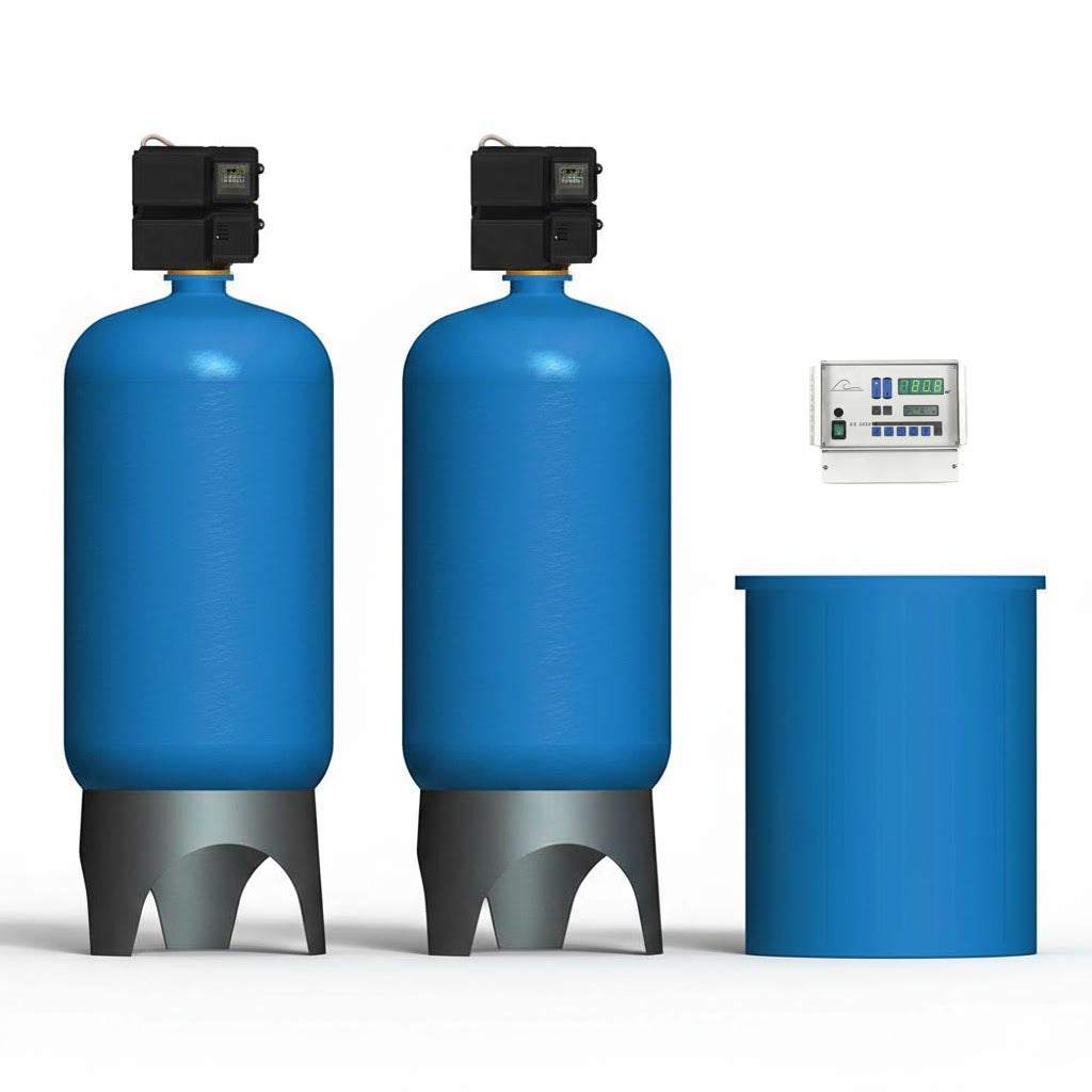 Fleck 3900 ES2050 Duplex Meter Controlled Softener kit technical diagram showing dual tanks and system layout