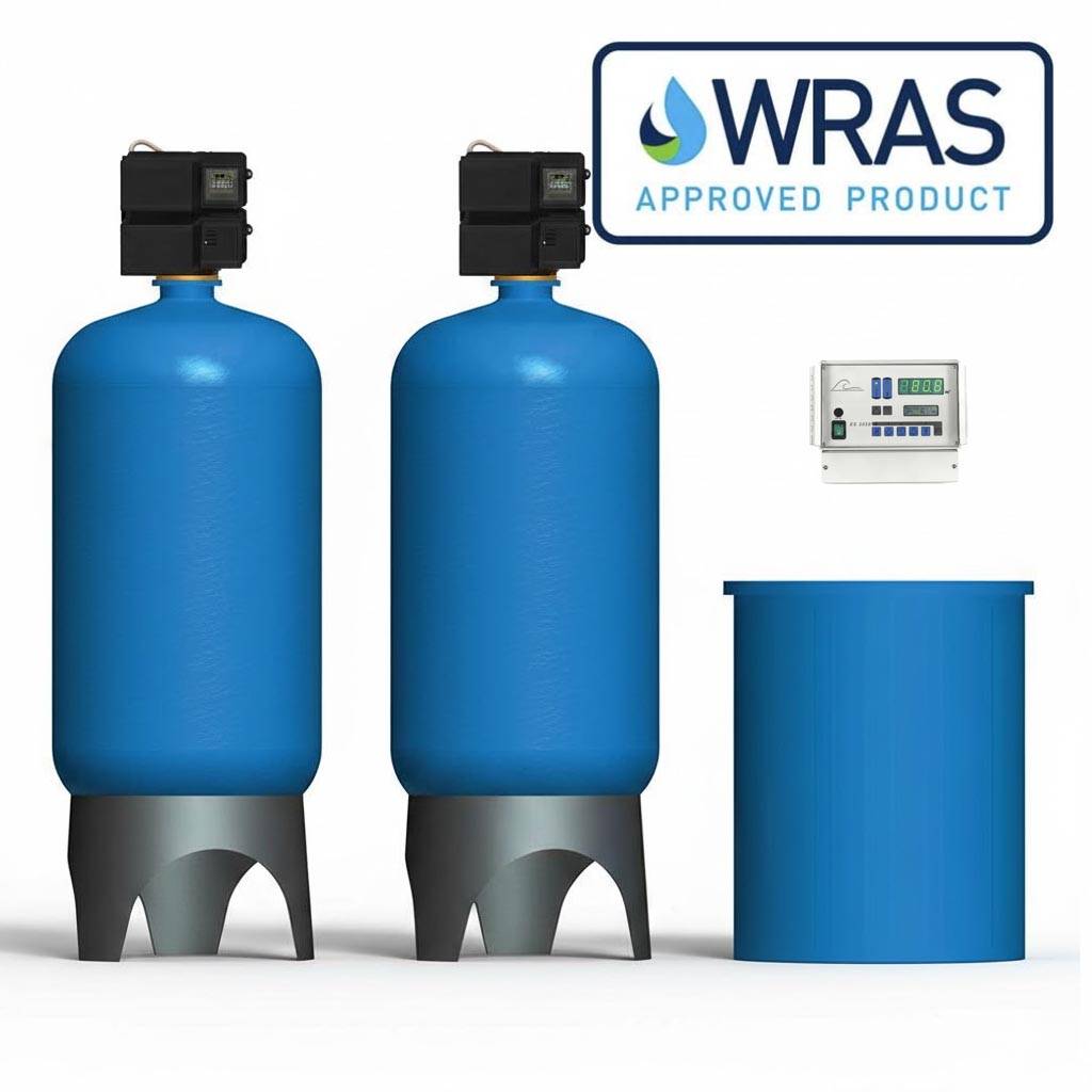 Fleck 3900 ES2050 Duplex Meter Controlled Softener kit technical drawing with dual resin tanks and specifications