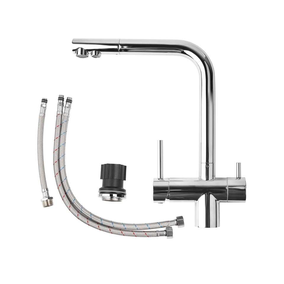 Ecosoft 3 Way Tap kitchen faucet with L-shaped high spout and 360-degree swivel for hot, cold, and filtered water in stainless steel design