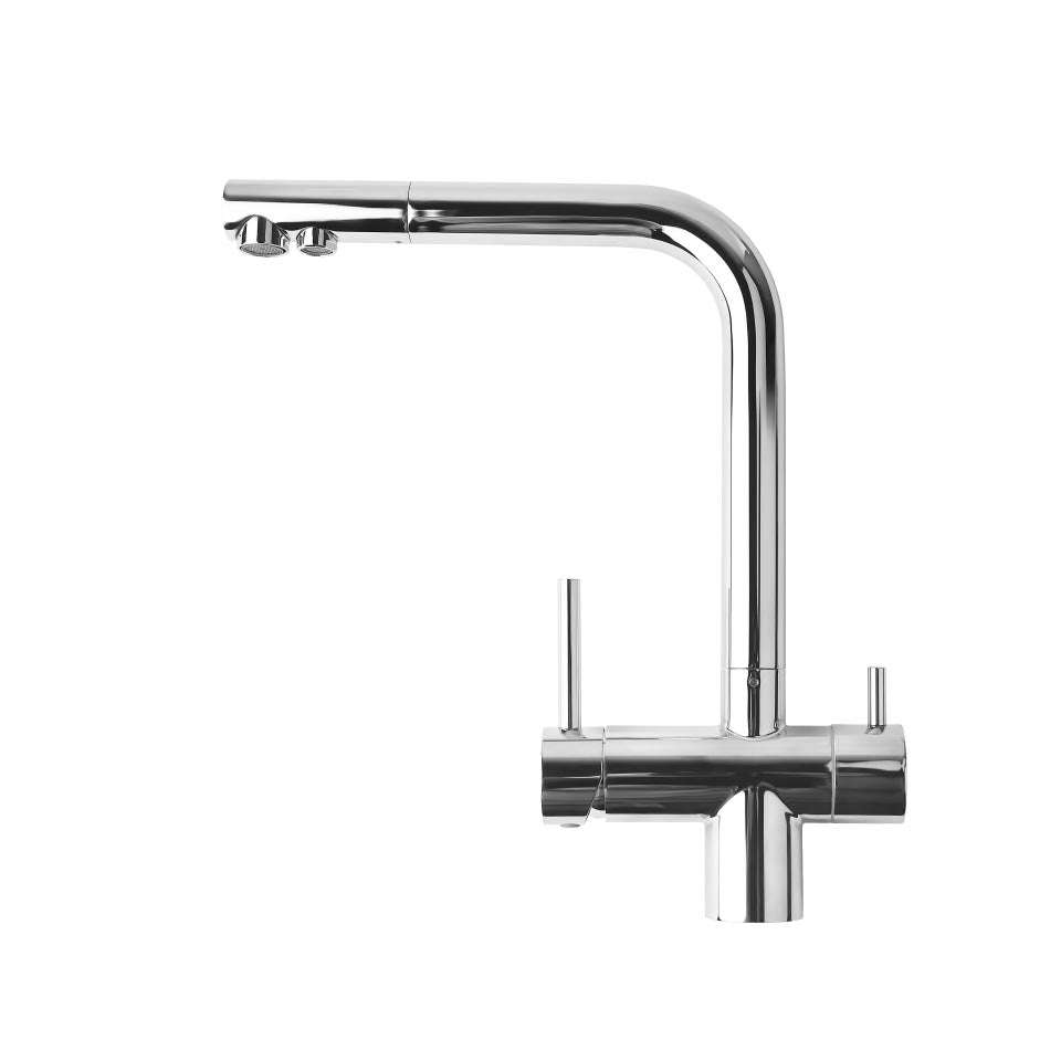 Ecosoft 3 Way Tap kitchen faucet with stainless steel L-shaped spout and 360-degree swivel for hot, cold, and filtered water