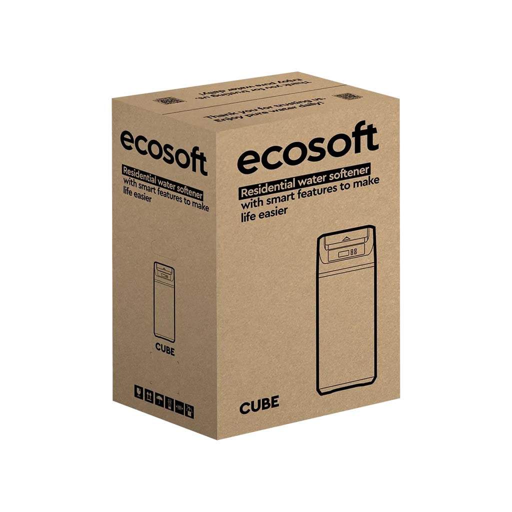 Compact Ecosoft CUBE 150 water softener unit for medium-sized households with smart features and space-saving design