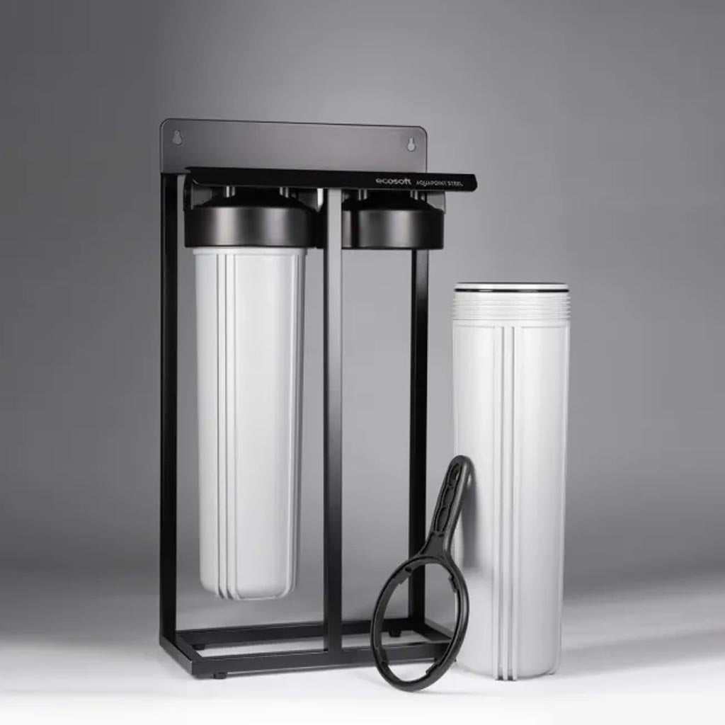 Ecosoft Aquapoint XL Duo whole house water filter with dual filtration and heavy-duty steel rack installed
