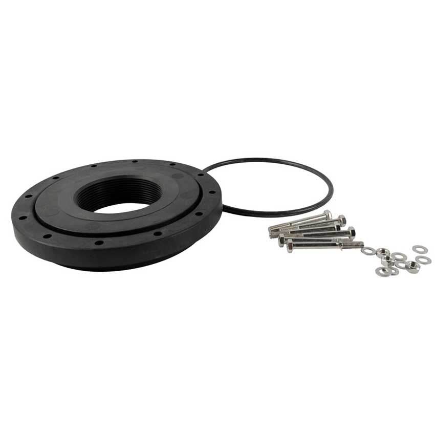 Pentair Structural 6" flanged reducer, black molded polymer with threaded center, rubber gasket, and silver mounting hardware.