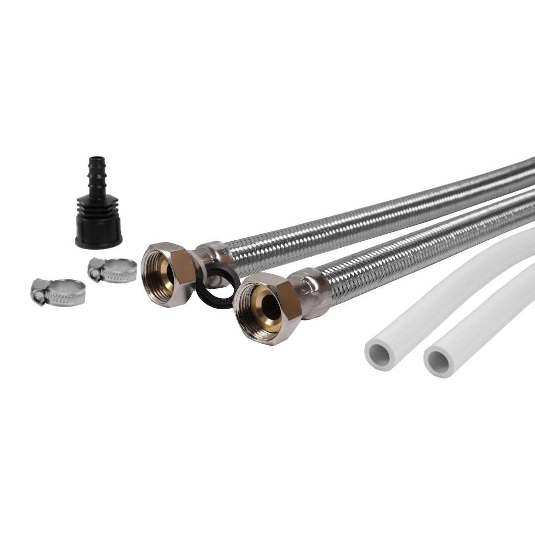 Ecosoft softener connection kit with stainless steel braided hoses and quick-connect fittings for easy installation