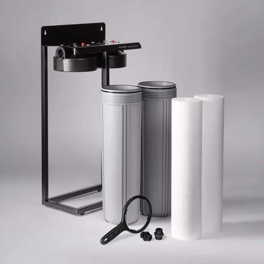 Ecosoft Aquapoint XL Duo dual-filtration whole house water filter with heavy-duty steel rack and quick-connect setup