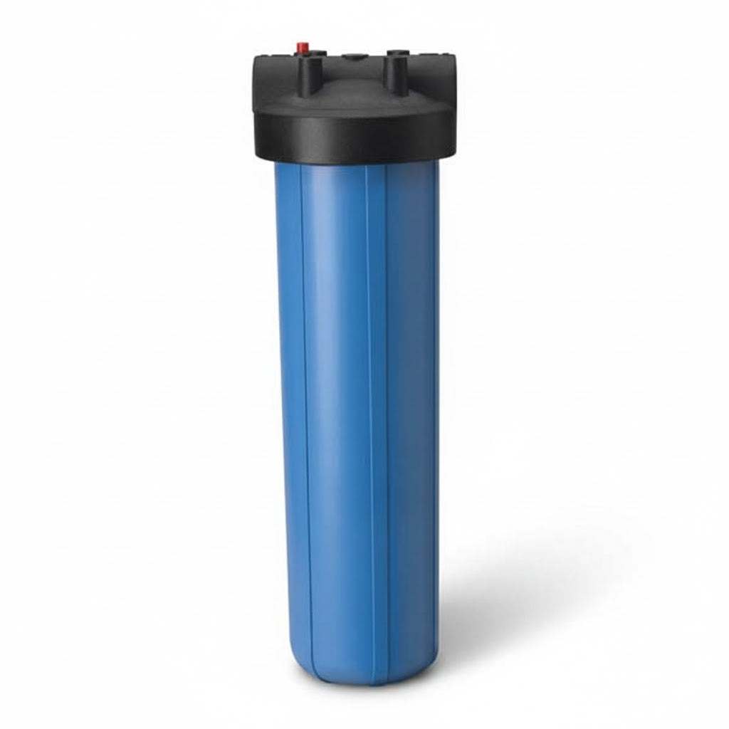 Pentair Pentek "Big Blue" Large Diameter Housing 20-inch blue polypropylene water filter housing with pressure relief valve and multiple port sizes.