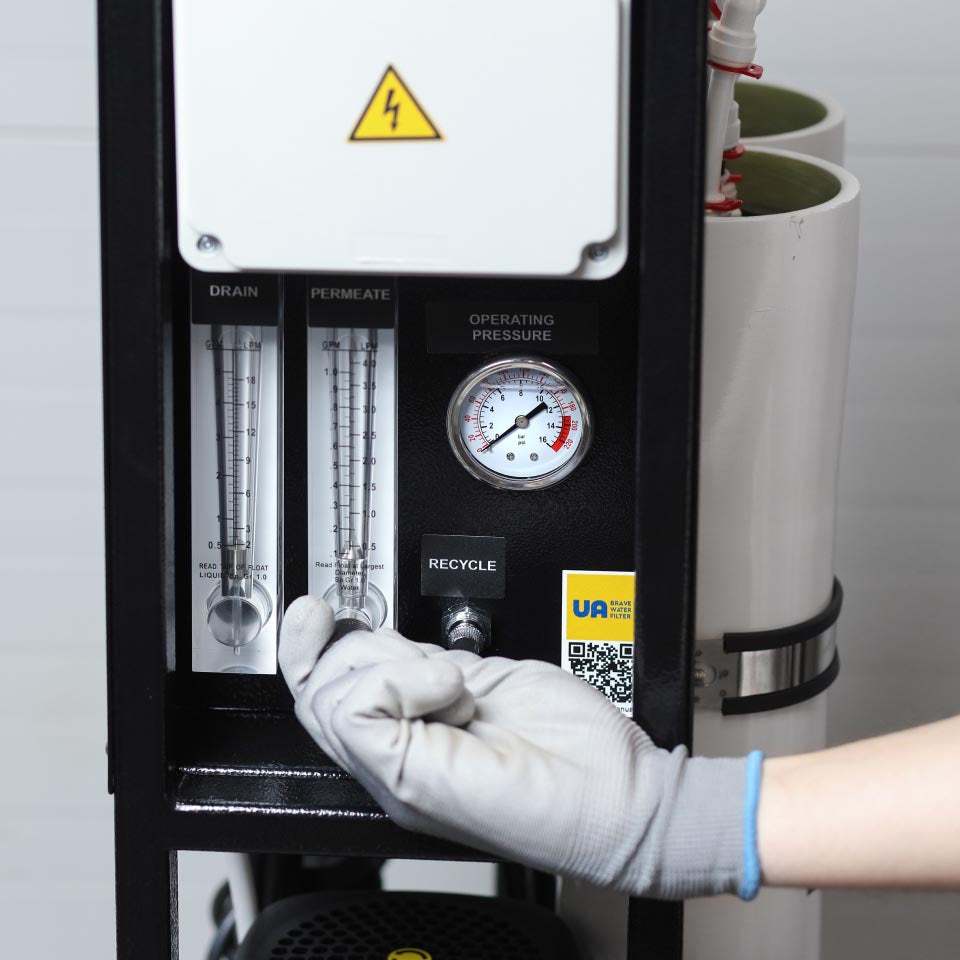 Ecosoft MO10000 4-inch RO system with compact stainless steel design and 450 LPH capacity for industrial water purification