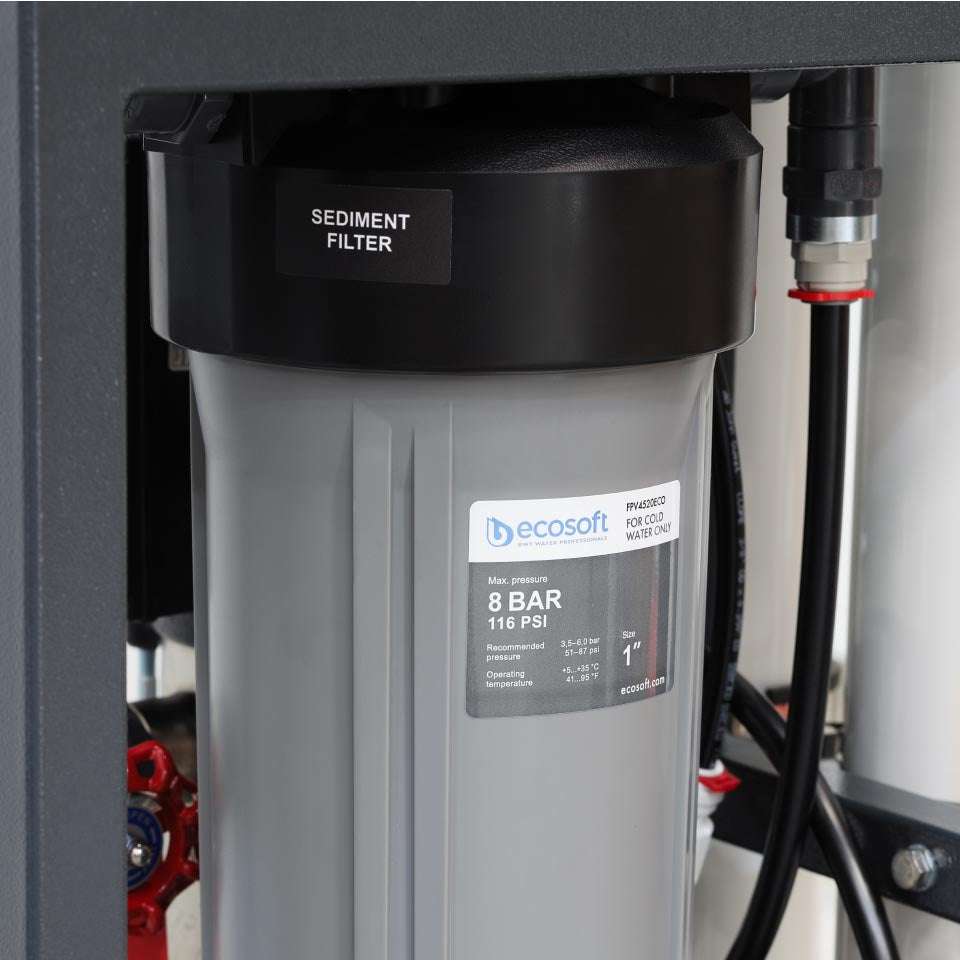 Ecosoft Professional MO12000 4 Inch Reverse Osmosis System with 450 LPH capacity and compact stainless steel frame for industrial water purification