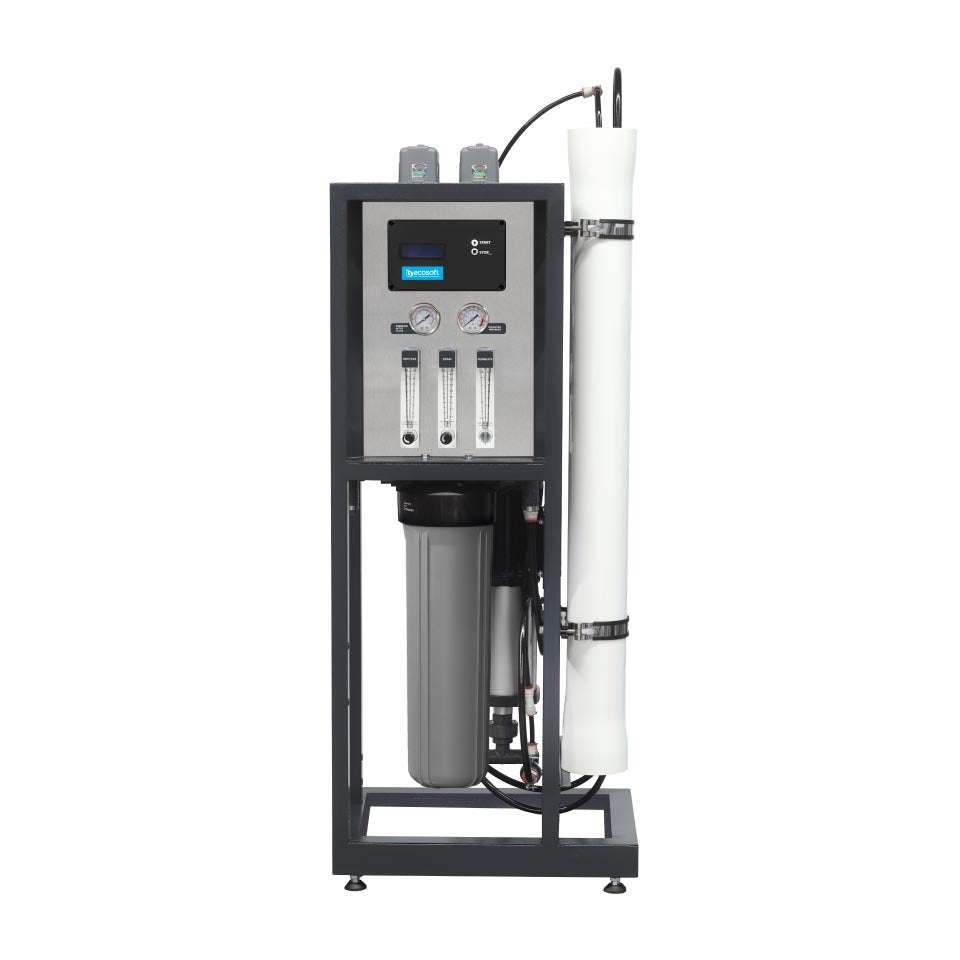 Ecosoft Professional MO12000 4-inch reverse osmosis water purification system with 450 LPH capacity and compact stainless steel design
