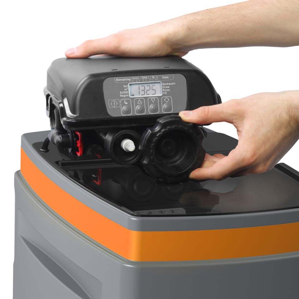 Ecosoft Anthracite Gold 370 well water softener unit with digital control panel and resin tank