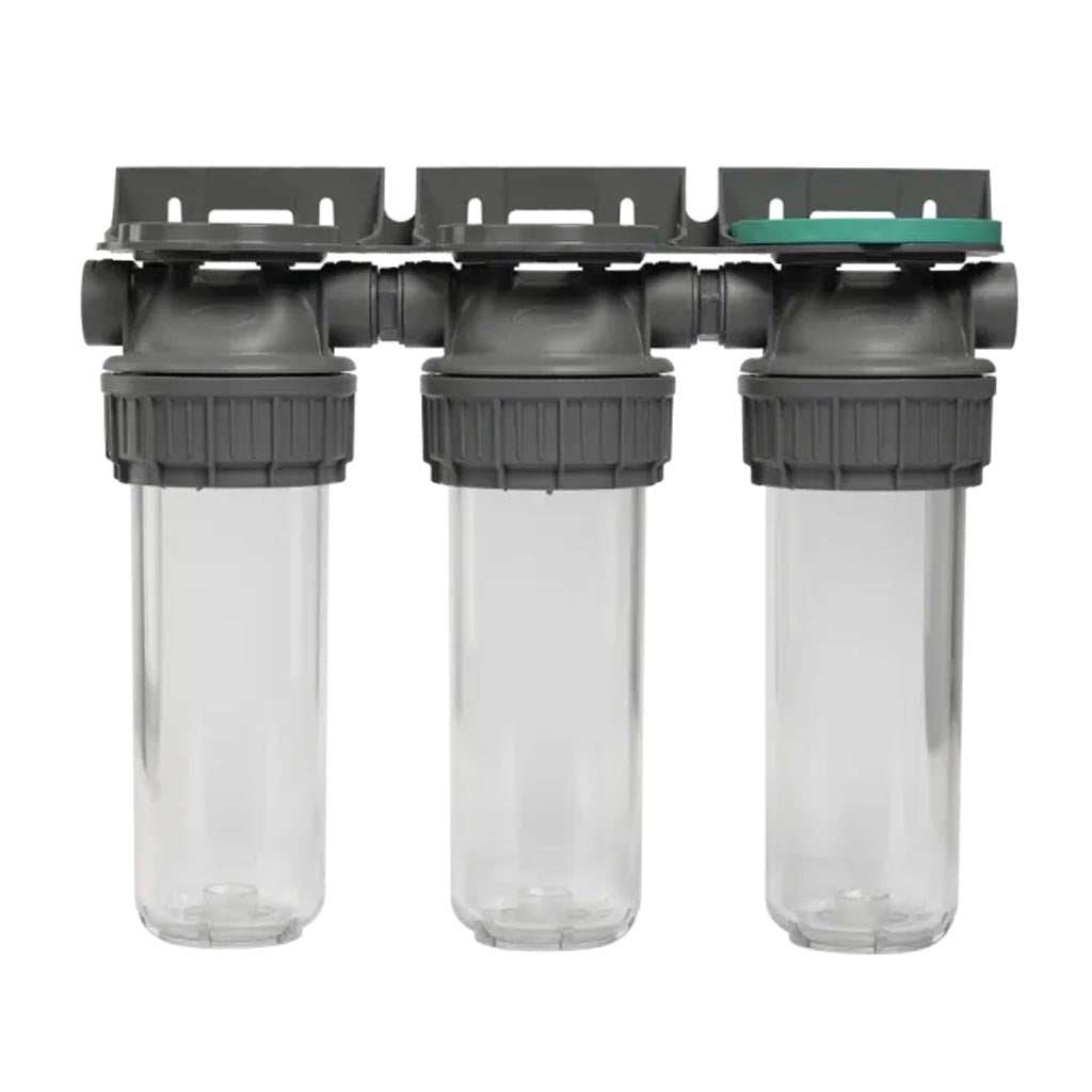 Ecosoft 3P Grey Triplex 10" water filter housing with brass ports and triple filtration design
