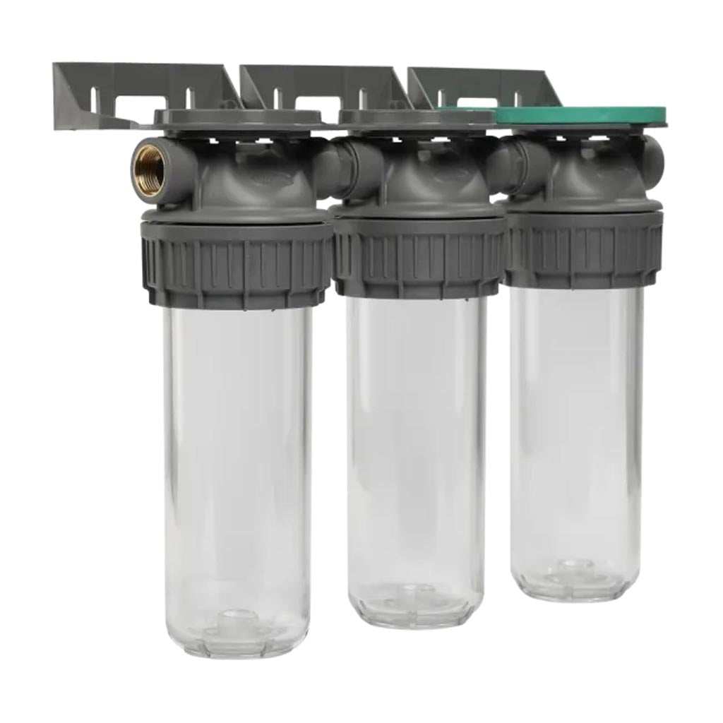 Ecosoft 3P Grey Triplex 10-inch filter housing with brass ports showing triple filtration system