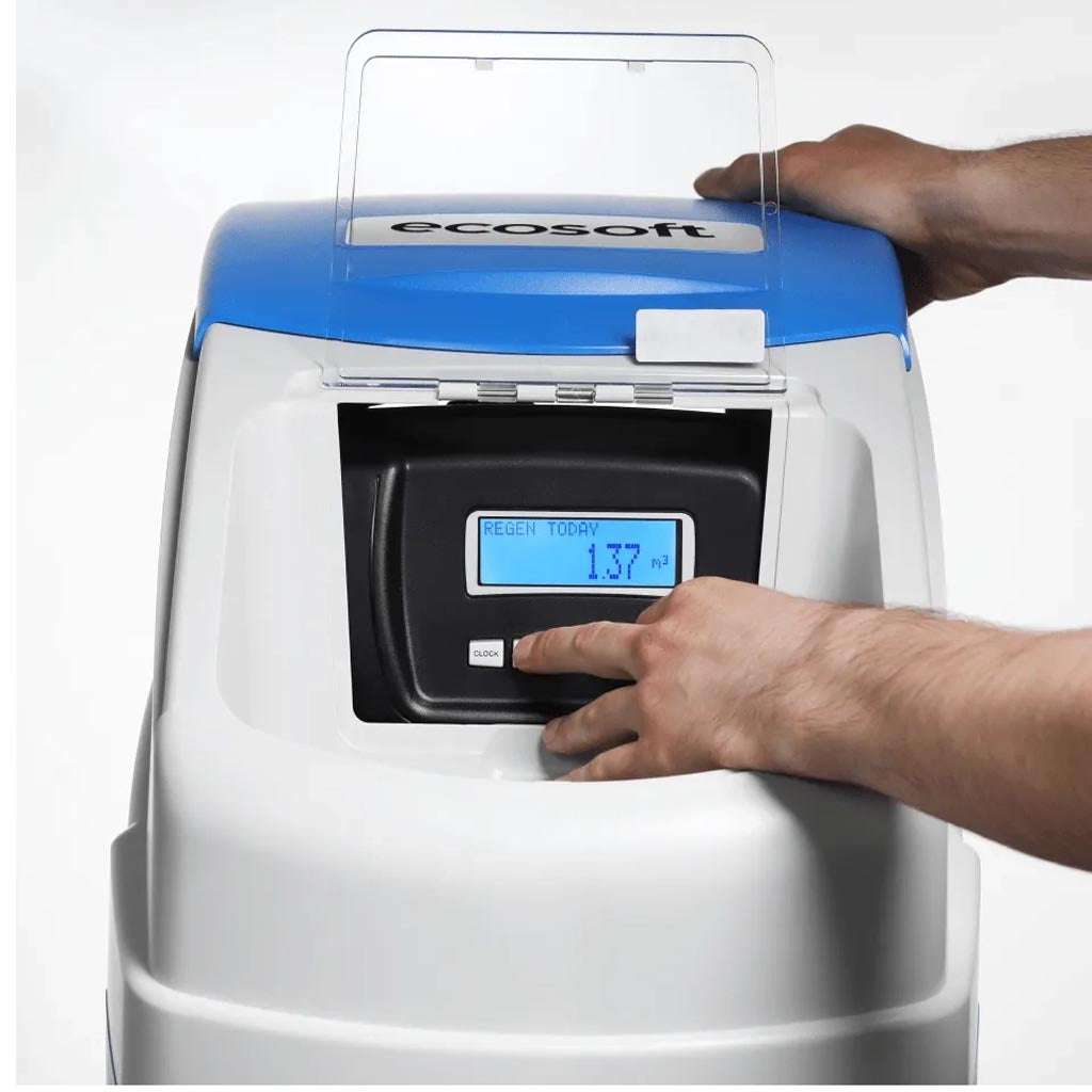 Ecosoft Arctic Blue 150 compact water softener unit with control valve and brine tank
