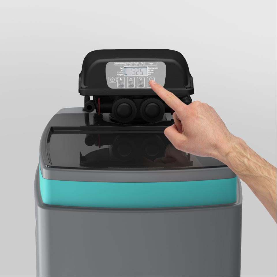 Ecosoft Anthracite Azure 370 water softener unit with compact design and digital control panel
