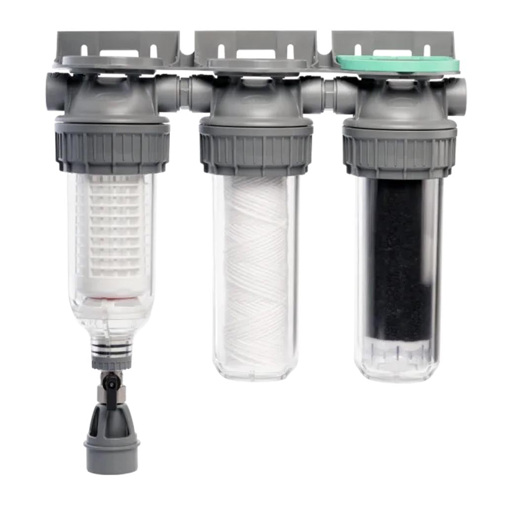 Ecosoft 3P Grey Triplex 10-inch rainwater filter with flush valve and ¾ inch brass connection