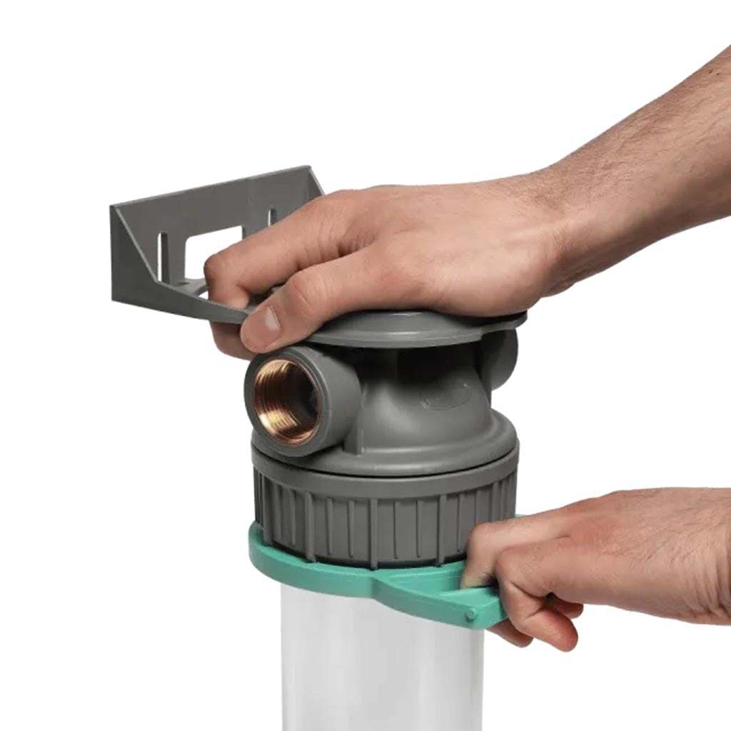Ecosoft 3P Grey Mono 10-inch water filter with venturi valve and ½ inch drain for efficient sediment flushing