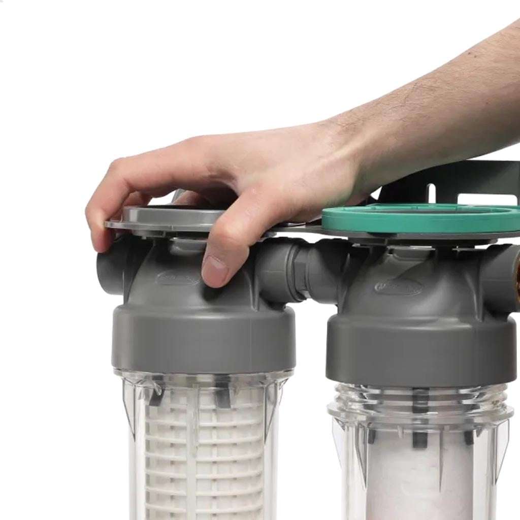 Ecosoft 3P Grey Triplex 10" rainwater filter with flush valve and ¾" brass connection for efficient water filtration and conservation