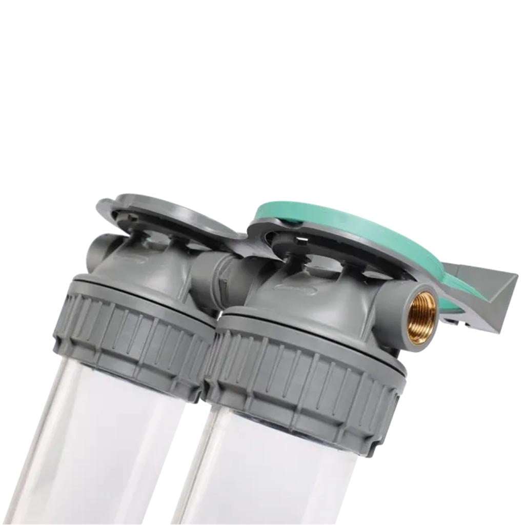 Ecosoft 3P Grey Duplex 10-inch water filter housing with brass ports and dual filtration chambers