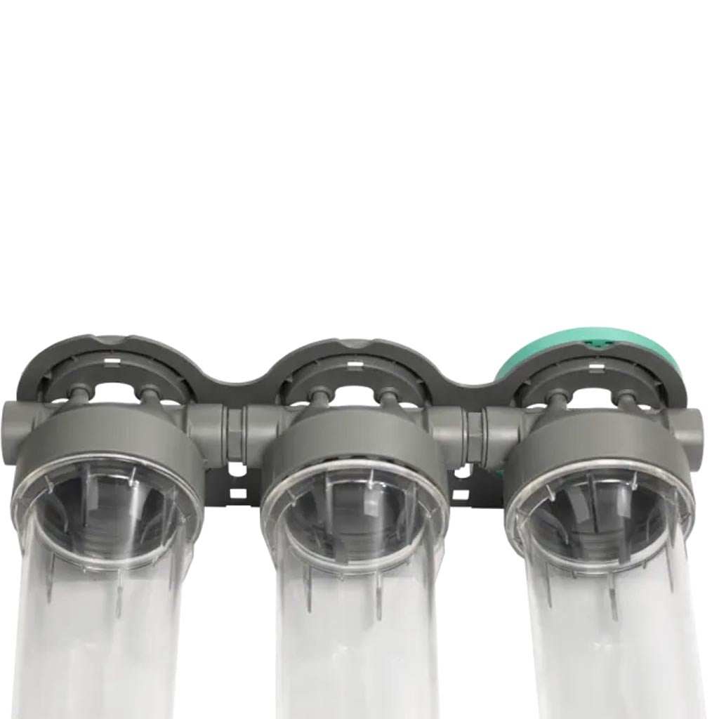 Ecosoft 3P Grey Triplex 10" rainwater filter with flush valve and ¾" brass connection