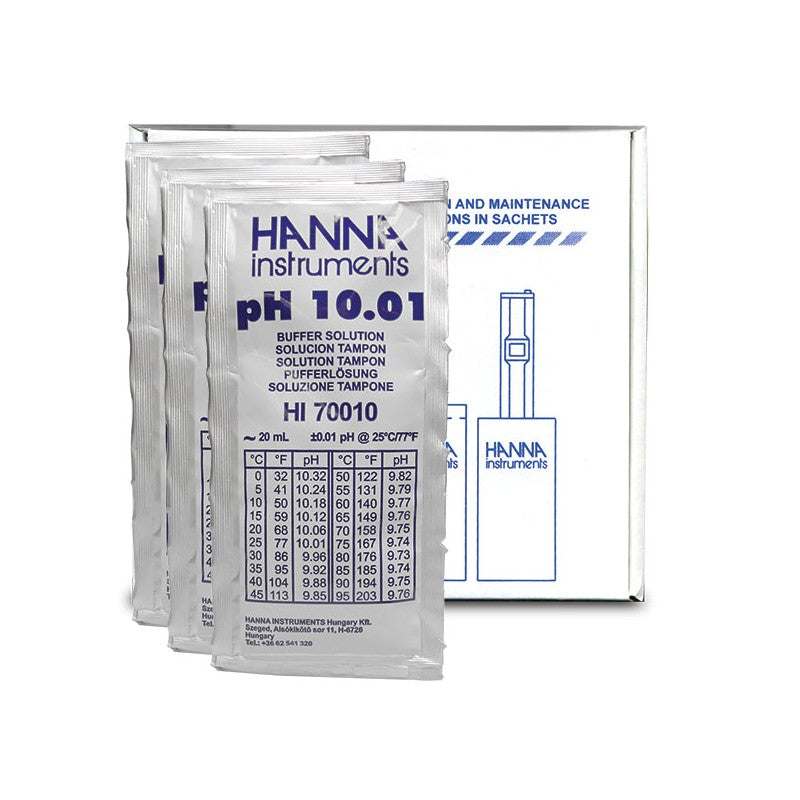HI-70010P pH 10.01 Buffer Sachets pack of 25 single-dose 20mL sachets for precise alkaline pH calibration