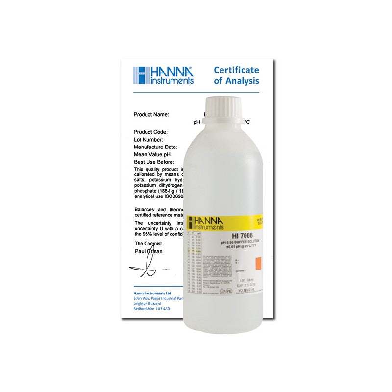 HI-7006L/C pH 6.86 Buffer Solution, 500 mL bottle & Certificate of Analysis