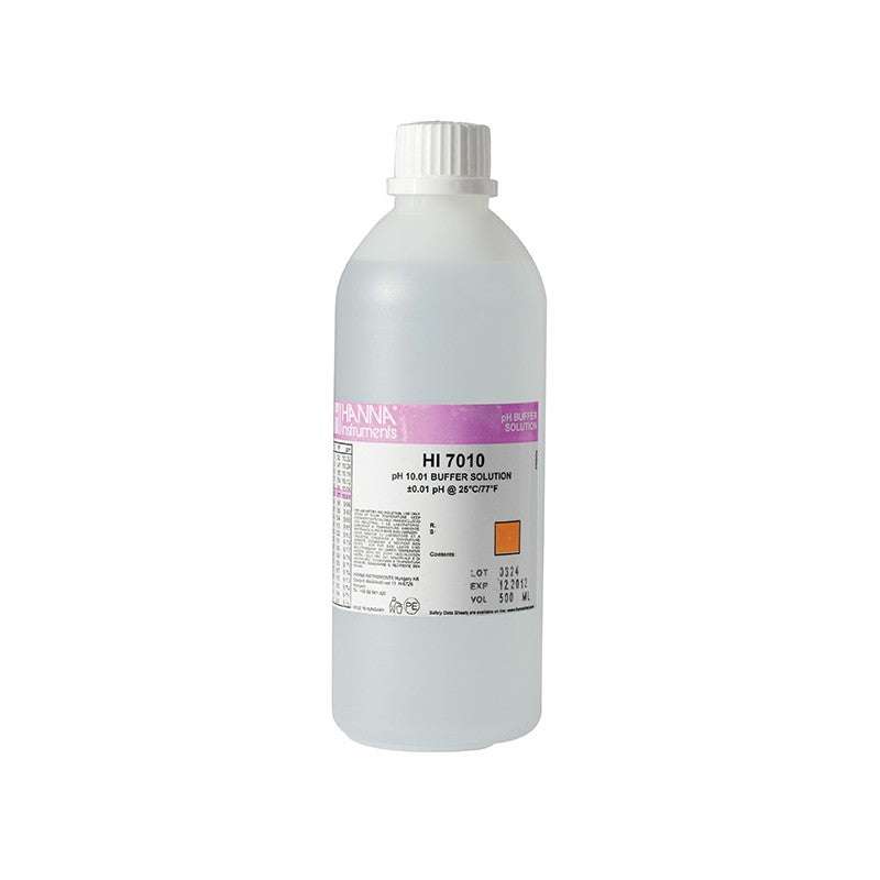 HI-7010L pH 10.01 Buffer Solution in 500 mL bottle for precise alkaline pH calibration