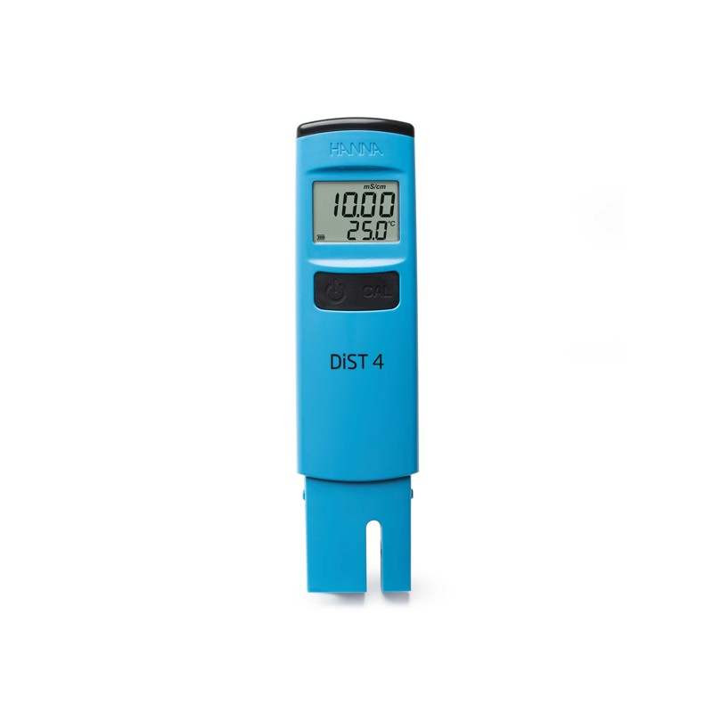 HI-98304 Pocket Conductivity Tester handheld device displaying water conductivity measurements with graphite electrode and LCD screen