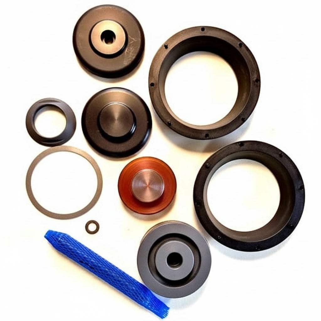 K537-RF internal parts kit with assorted black, gray and orange plastic valve components, rings, discs and blue mesh filter tube