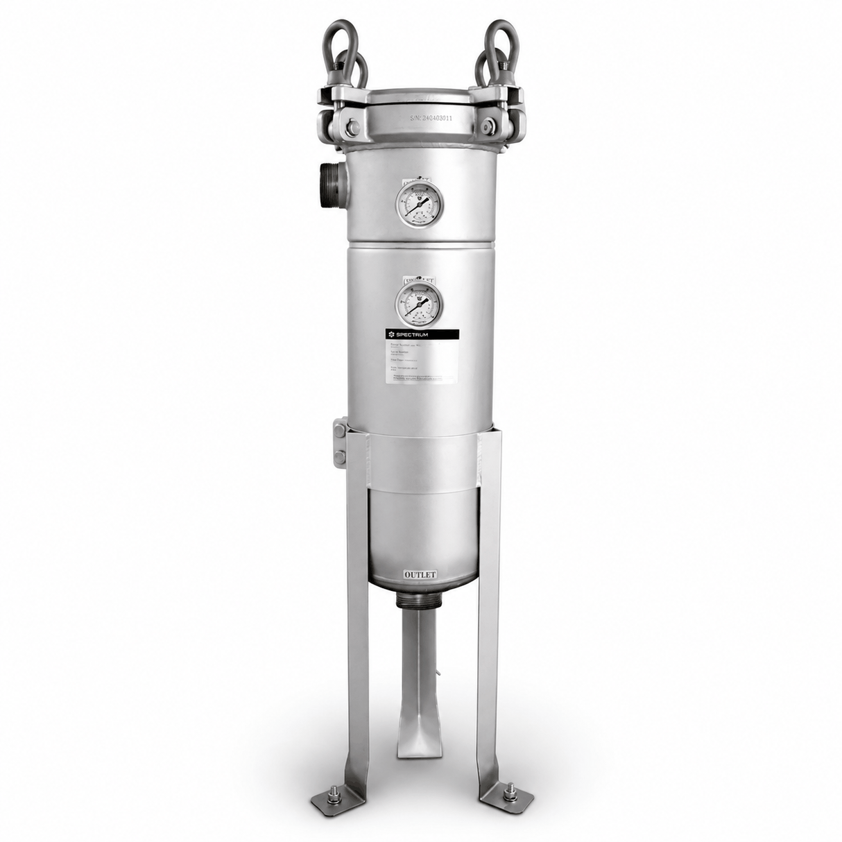SPECTRUM INOX Bag Housing stainless steel Size 4 with swing-bolt closure and pressure gauges
