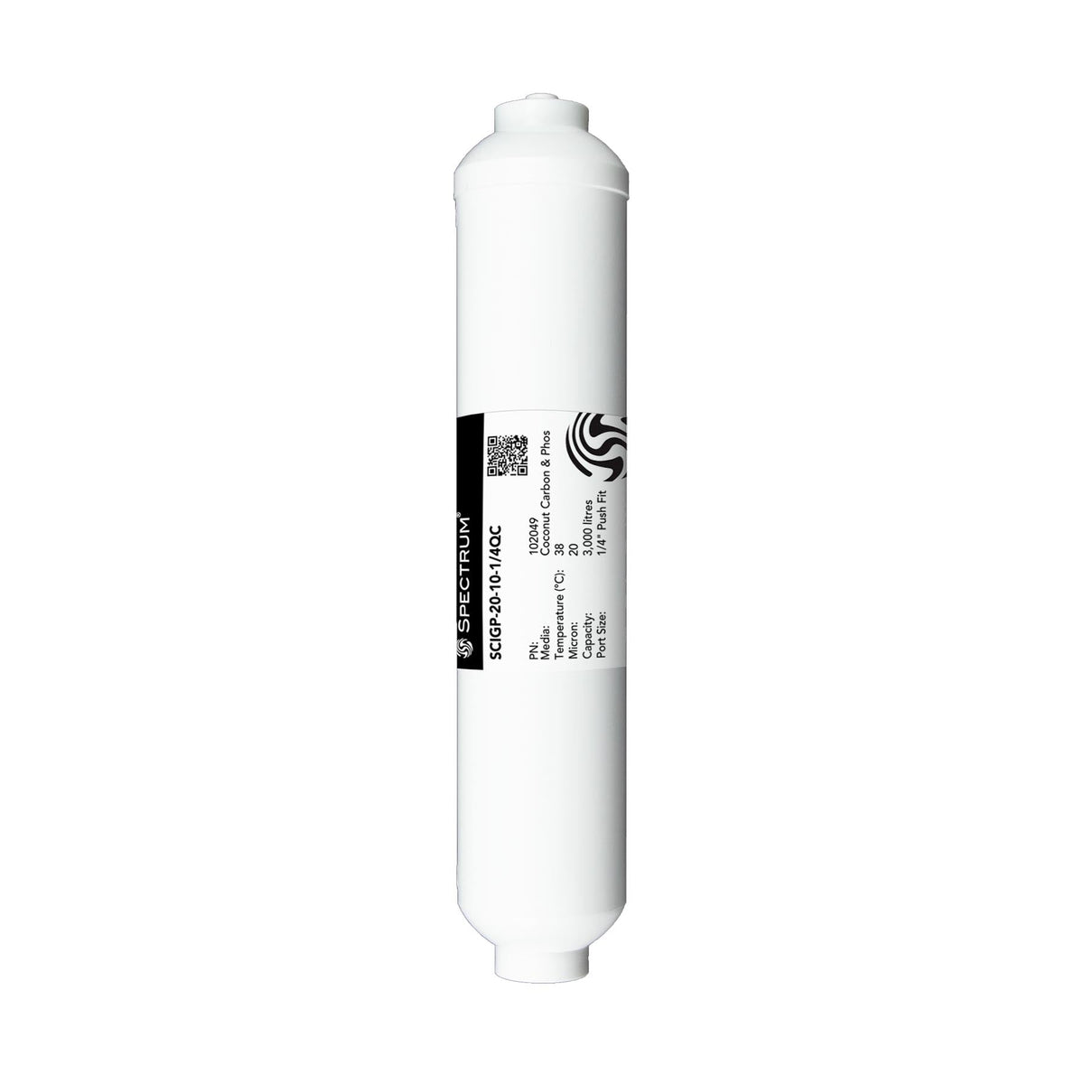 Inline water filter cartridge SCIGP-20-10-1/4QC, with a smooth white cylindrical shell, black label and end connectors.