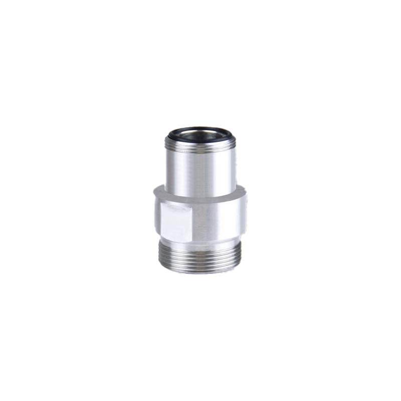SMTF-TA18 stainless steel tap adaptor with a silver finish, two threaded ends, hexagonal grip and black O-ring.