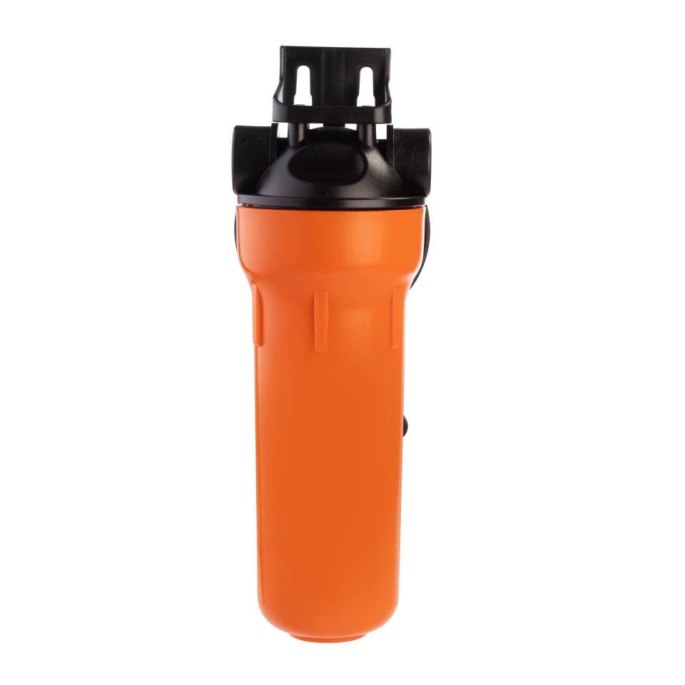 Ecosoft 10-inch hot water filter housing with brass connections and durable plastic body for 1/2" pipes