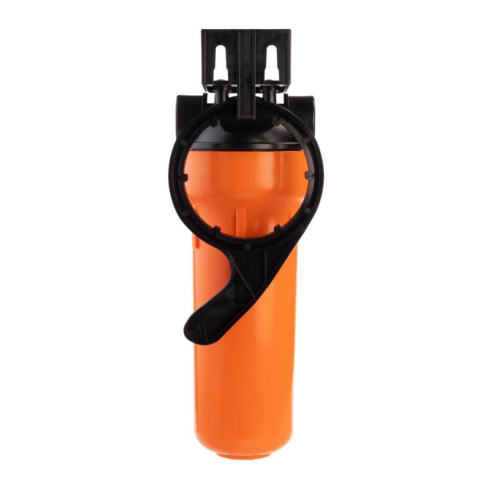 Ecosoft 10-inch hot water filter housing with 1/2 inch brass connections and durable plastic body for high-temperature water systems