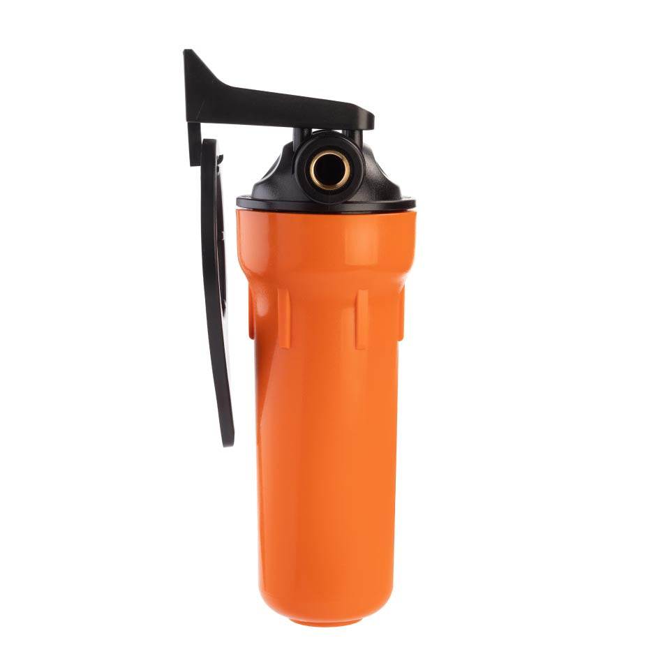 Ecosoft 10-inch hot water filter housing with brass connections and temperature resistance up to 95°C for 1/2 inch pipes