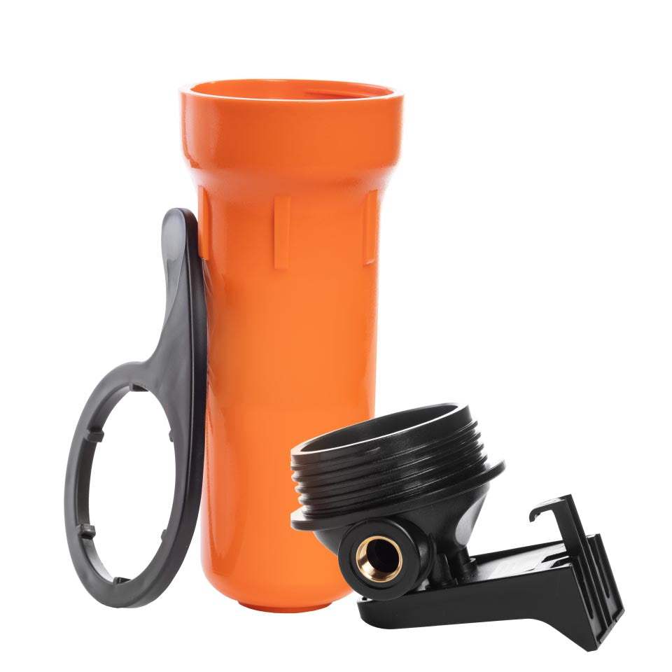 Ecosoft 10-inch hot water filter housing with brass connections and durable plastic body for 1/2 inch pipes