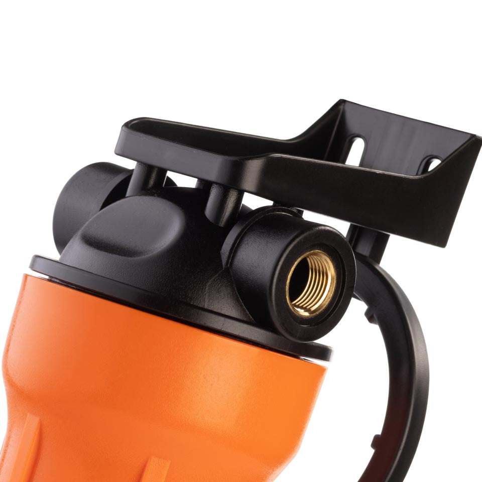 Ecosoft 10 inch hot water filter housing with brass connections and durable plastic body for 1/2 inch systems