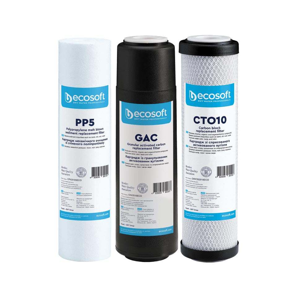 Standard Advanced Set of 3 Replacement Filters for reverse osmosis systems removing sand, rust, chlorine, and organic impurities