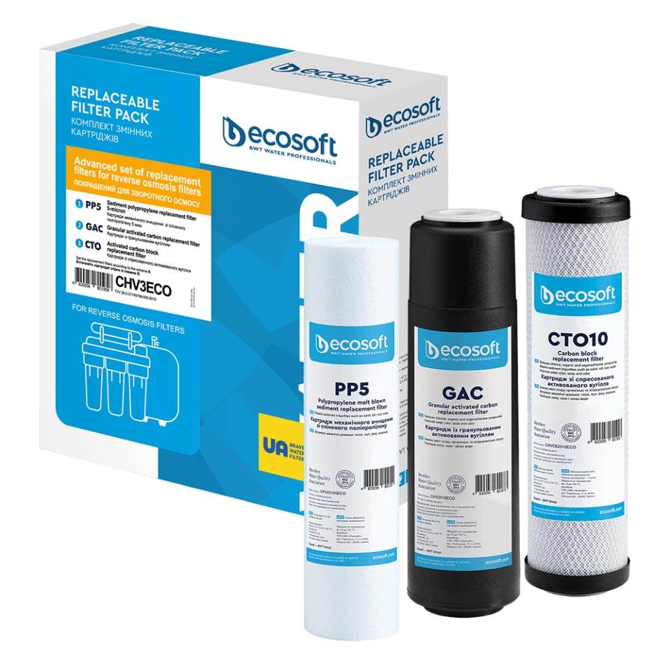 Standard Advanced Set of 3 Replacement Filters for RO system pre-filtration removing sand, rust, chlorine, and impurities
