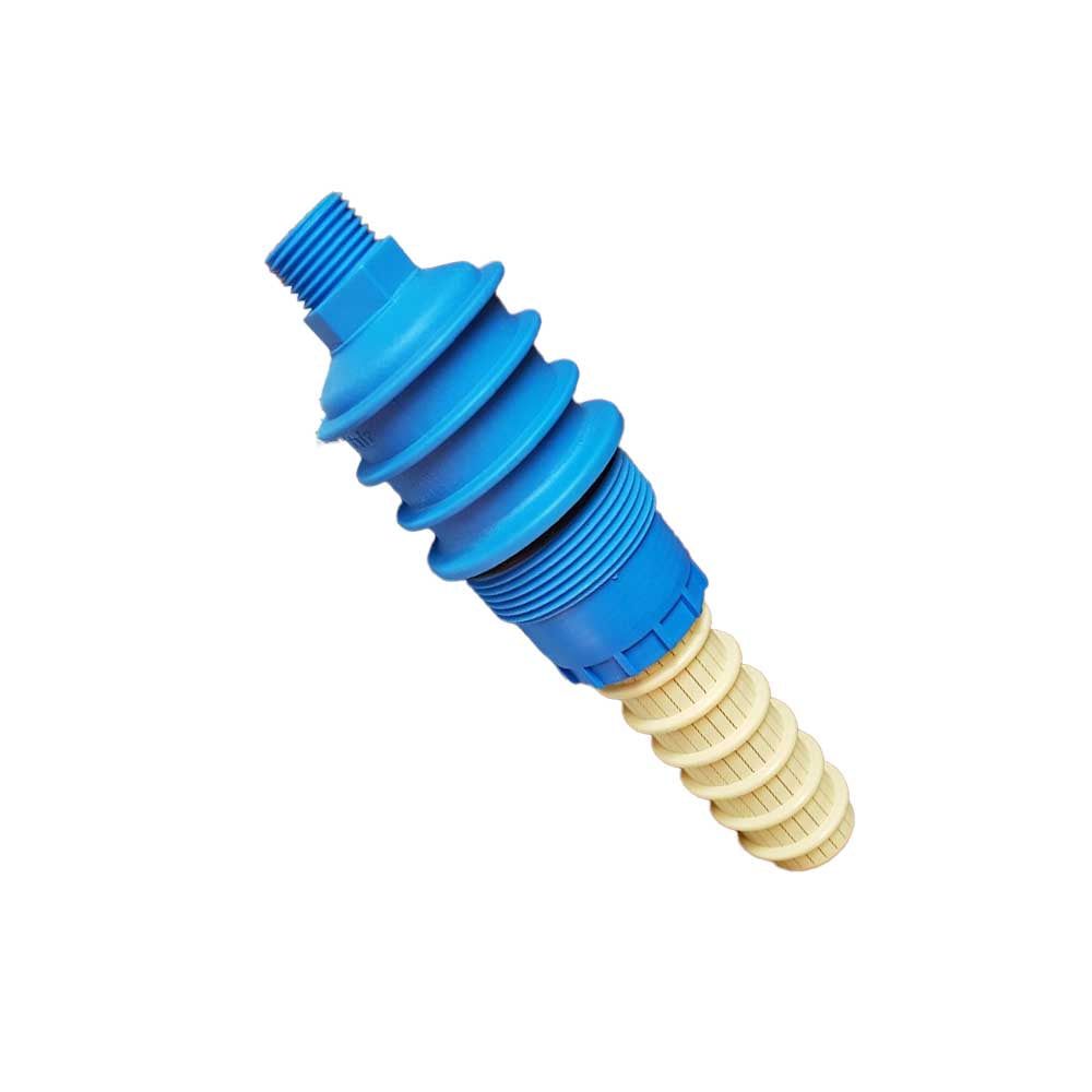 Pentair A-AV-150PP aeration valve with a blue ridged plastic body, threaded fittings and cream ribbed end piece.
