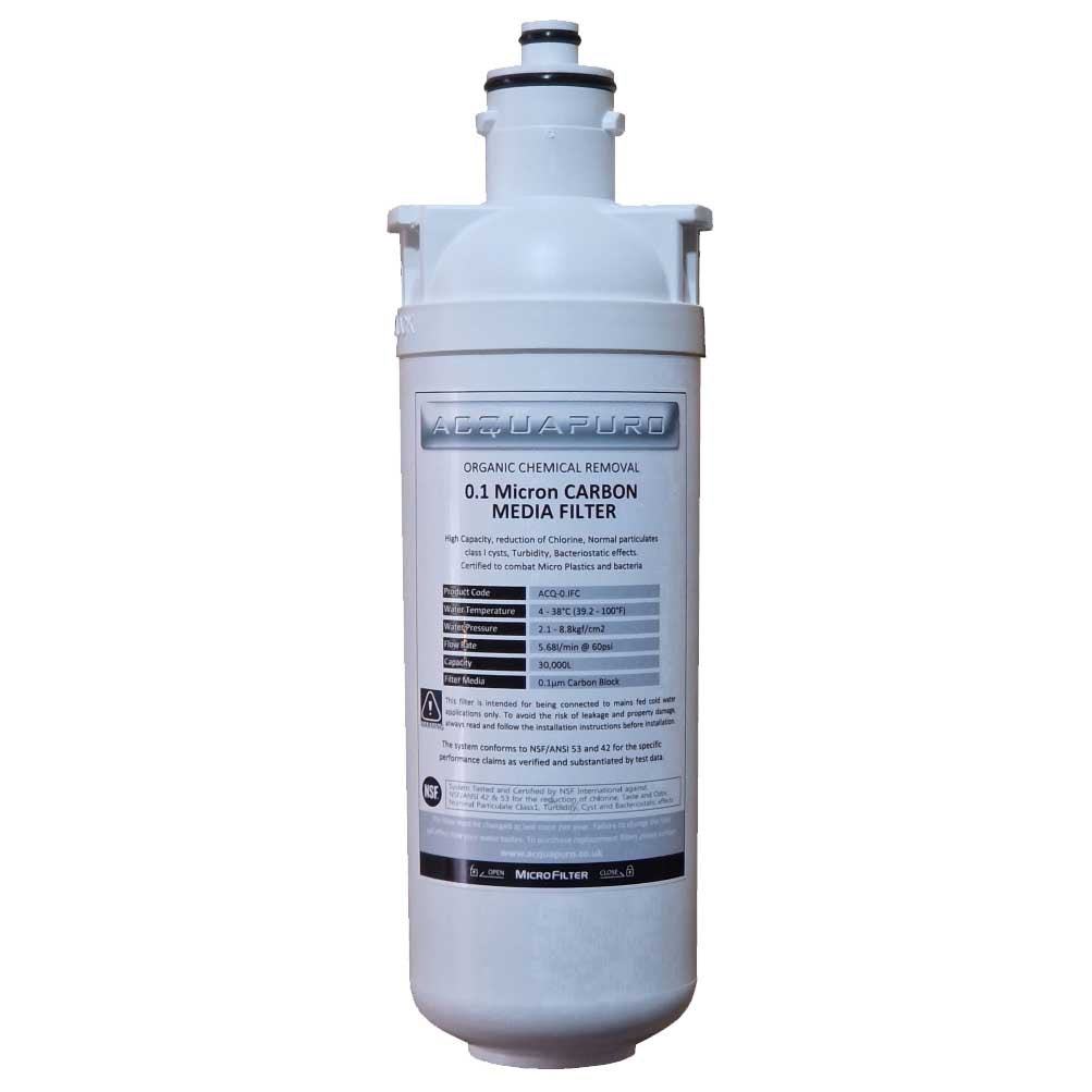 Water filter replacement cartridge, Acquapuro ACQ-0, pale gray cylindrical housing with a black-and-white label and top connector.