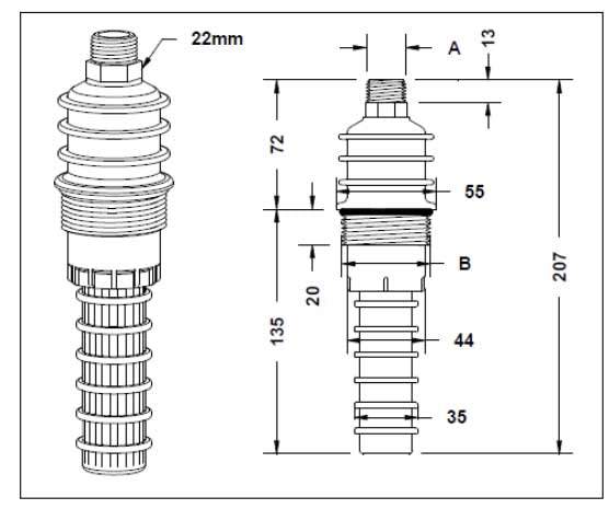Pentair A-AV-150PP aeration valve in a black-and-white technical drawing, with threaded fittings and ribbed body деталails, dimensioned in millimetres.