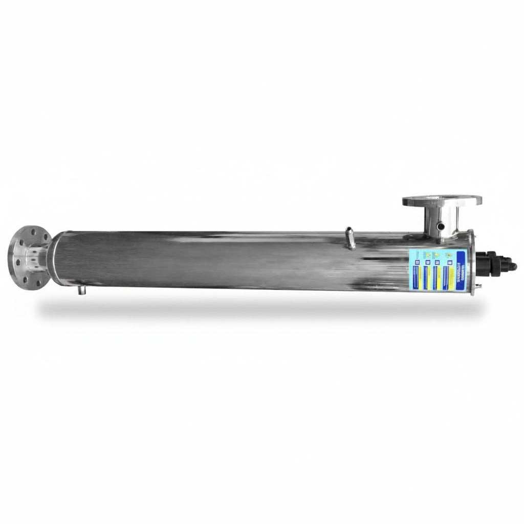 UV water disinfection system, sita am stainless steel cylindrical chamber with flanged ends, top valve and control panel