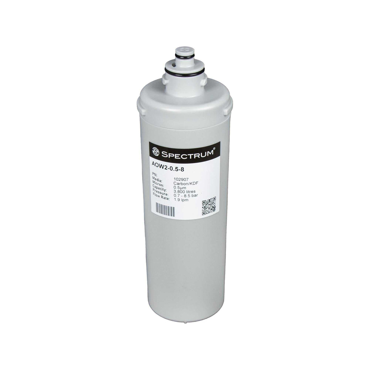 Water filter cartridge, white plastic with a cylindrical body and quick-connect top, labelled SPECTRUM 5 Micron 1 filtration.